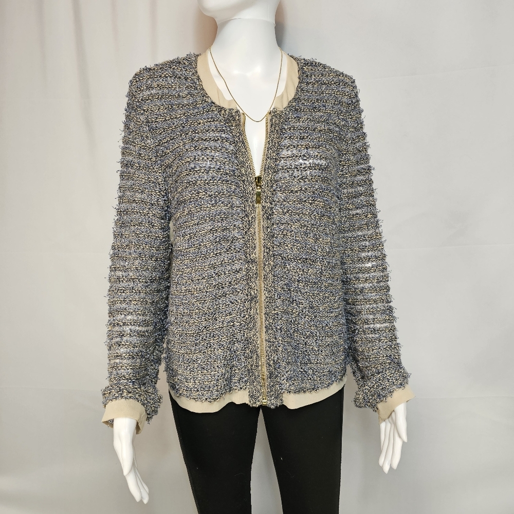 Chico’s Size 2 (M/8-10) Open Knit Zip Jacket Gold Thread Cardigan